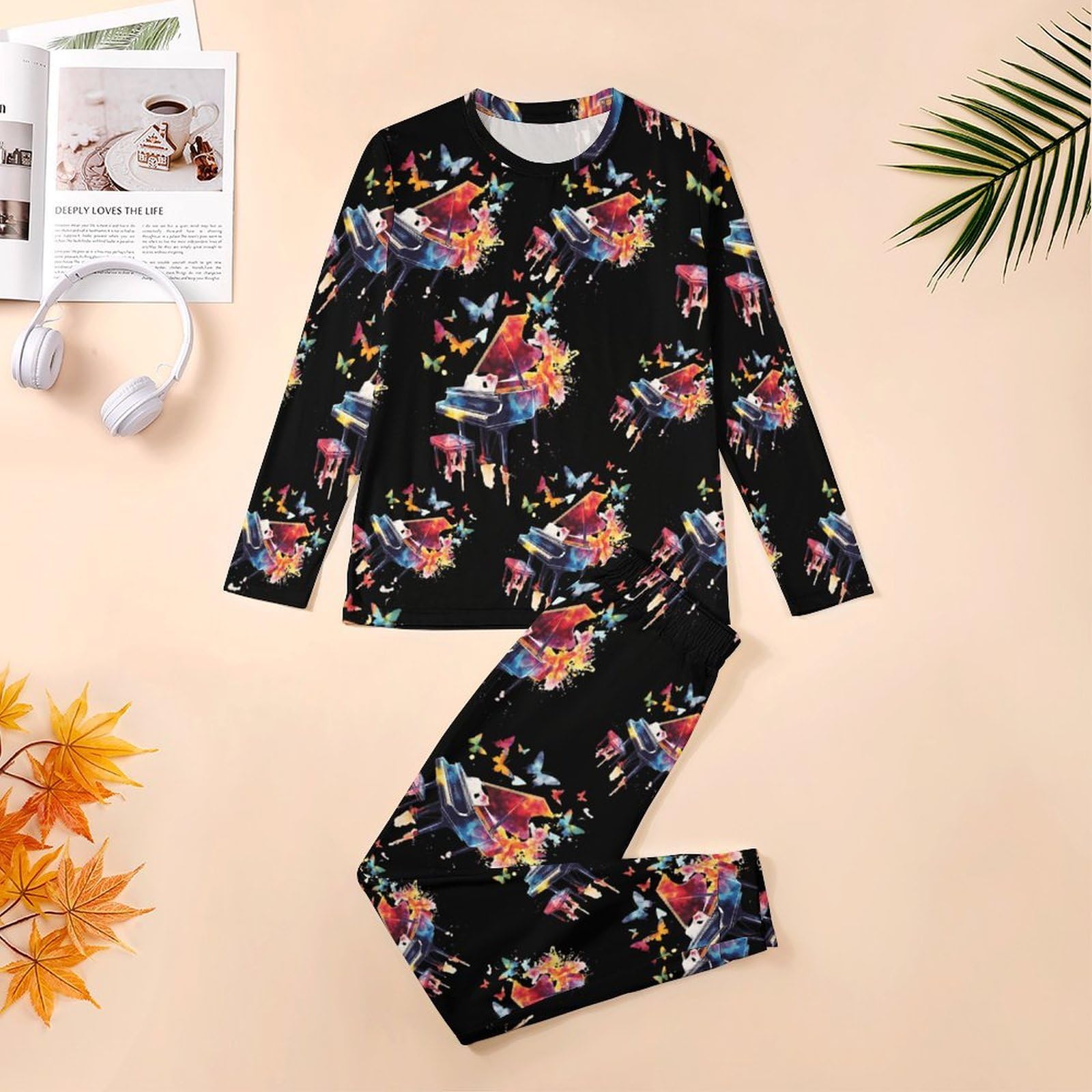 Conjunto de pijama de piano con mariposas voladoras para hombre, cuello redondo, 2 piezas, manga larga, suave parte superior e inferior transpirable para todas las estaciones