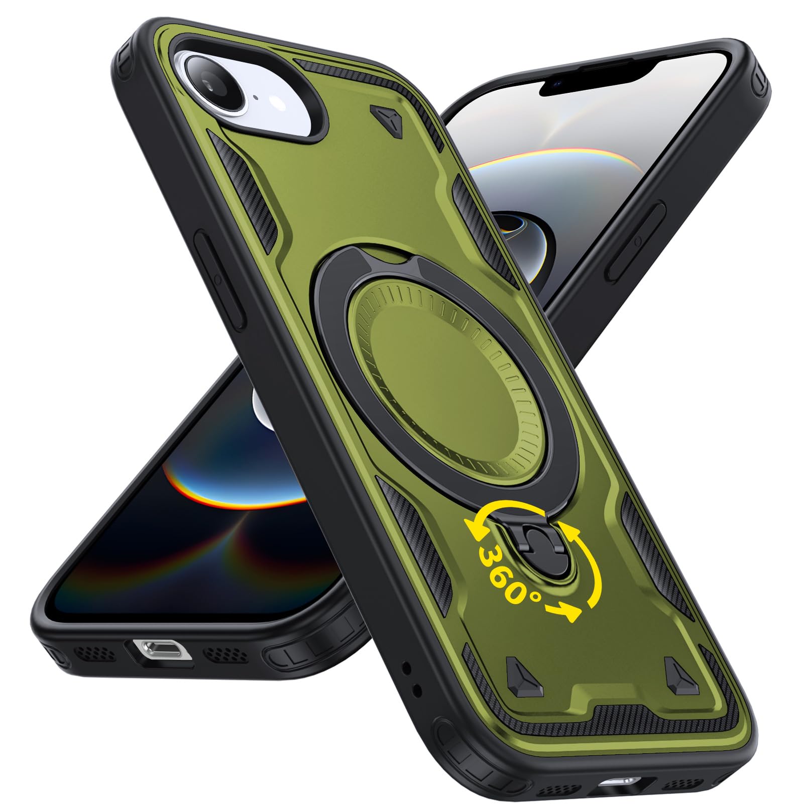 WACJOSD 対応 iPhone 17e / 16e 用の ケース リング付き 耐衝撃 米軍MIL規格 17e/16e ケース スタンド機能 車載ホルダー対応 滑り止め ワイアレス充電対応 深緑 C98-ip16e-06