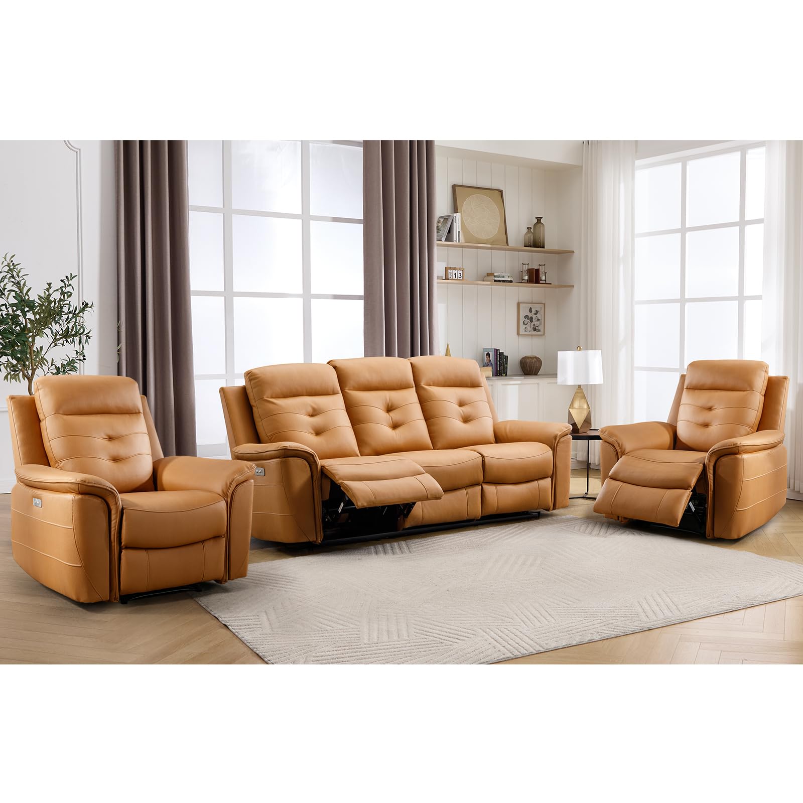 ANJ 3-Piece Faux Leather Power Recliner Sofa Set with USB Charging Ports, Include 2 Single Large Recliner Chairs and a 3-Seater Reclining for Living Room, Yellow