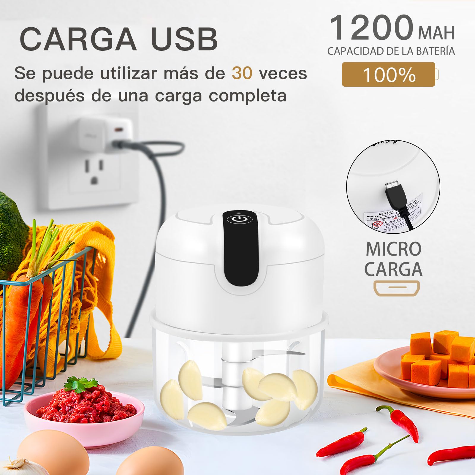 Picadora Electrica, Mini Picador Eléctrico de Alimentos,Recargable USB Type-C, Capacidad 250 mL, 2 Cuchillas Acero Inoxidable, Portatil Batidora Trituradora Utilizado Para Cebolla, Ajo, Carne, Vegetal — view 3