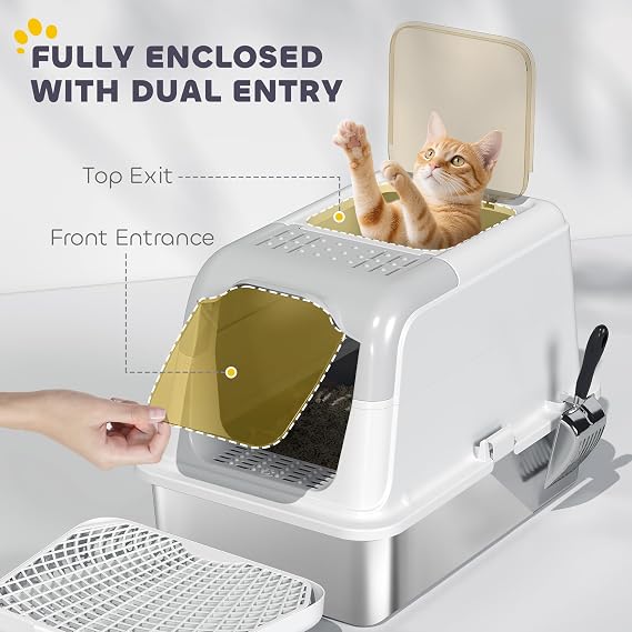 PawHut Stainless Steel Litter Box, Extra Large Enclosed Cat Litter Box