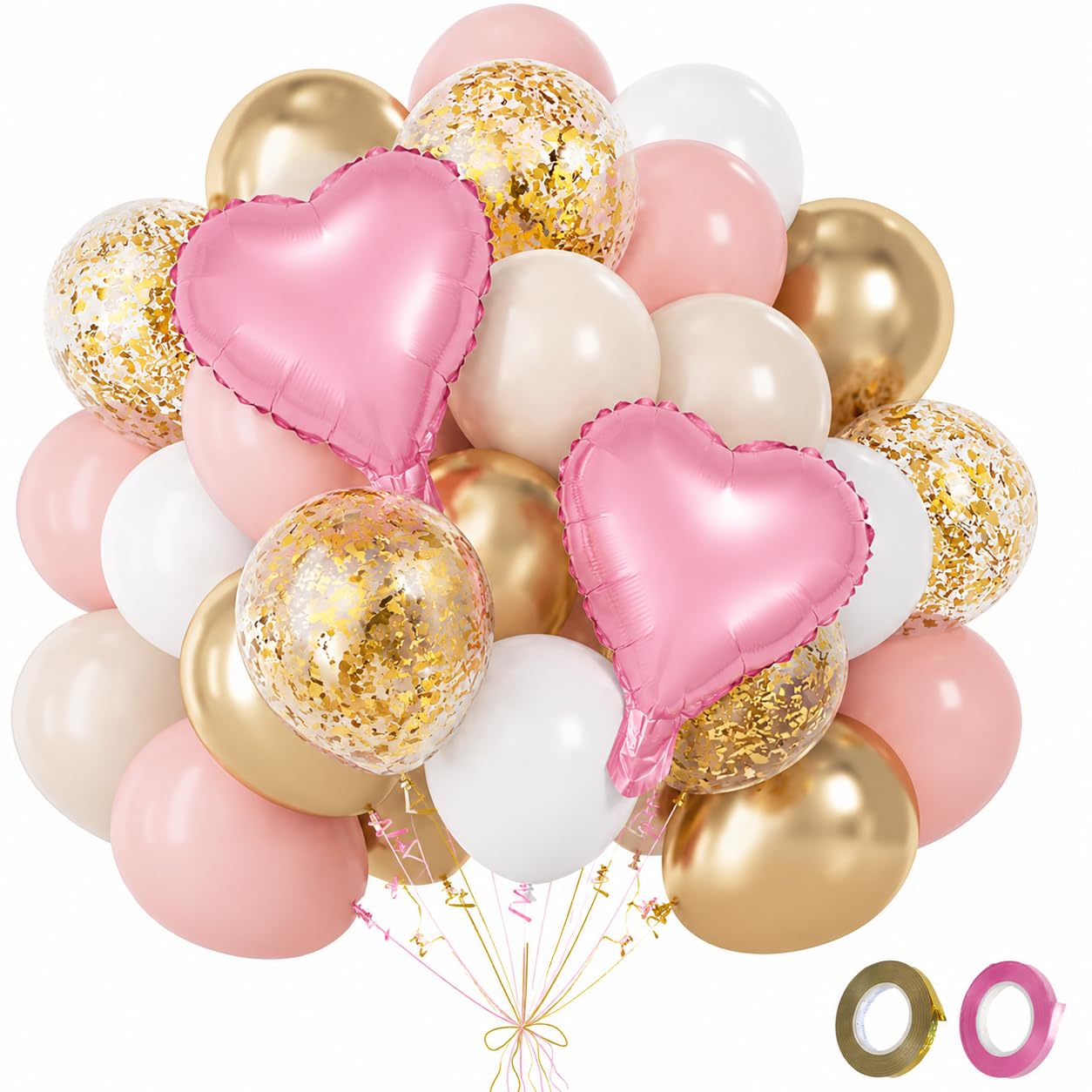 60Pcs Pastel Balloons Kit With Metallic Glitter & Confetti Mix - Soft Pink Creamy White Champagne Gold Foil Balloons For Birthday Engagement Decorations, Latex With Ribbons For Helium (Golden Blush)