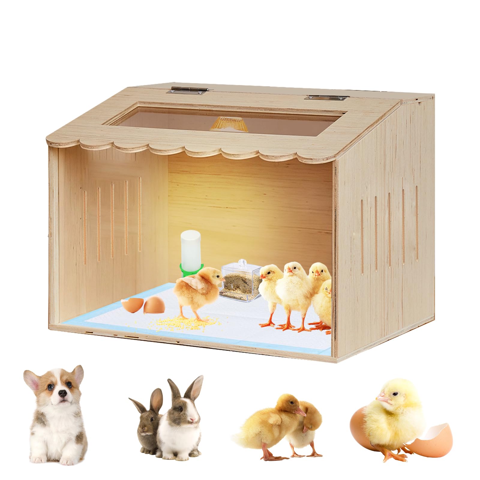 Wooden Chicken Brooder Box Kit with Heating Lamp, Thermometer, Food & Water Feeders, 15.7x11.8x11.8 Inch, Complete Small Pet Nursery Set with Ventilation, Digital Temperature Control