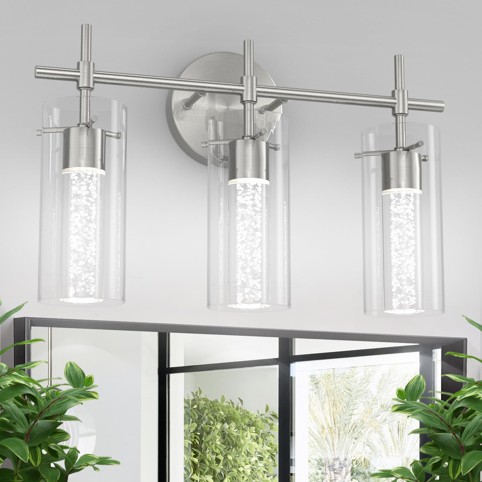 Aoceley Brushed Nickel Vanity Lights, 3-Light Bathroom Light Fixtures, LED Crystal Bubble Bathroom Light LED Lighting Fixtures Over Mirror Modern Vanity Light for Bathroom, 20W