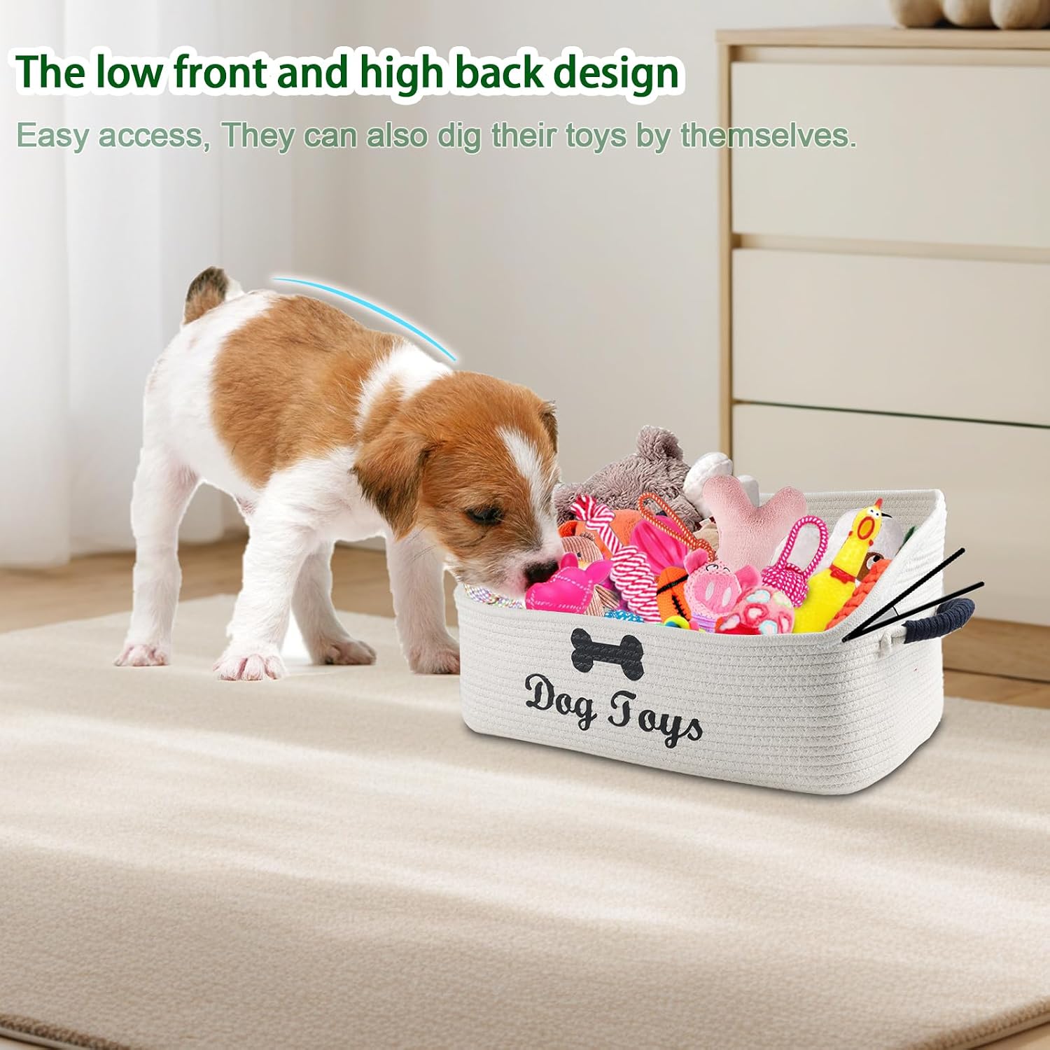 Dog Toy Basket-100% Cotton Rope Dog Toy Bin for Living Room Area-Trapezoid Pet Toys Box with Sturdy Handle-Puppy Bed-Dog Stuff Organizer for Toys,Collar,Leash,Blanket-Chew Proof-Beige