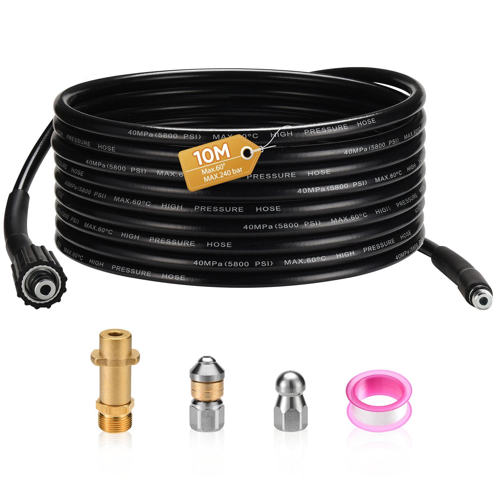 CAROD Rohrreinigungsschlauch 10m, mit M22 Adapter, Düsen starr + rotierend, 400Bar/60°C Hochdruckschlauch Geeignet für Kränzle Kärcher K2-K7 Rohrreinigungsset