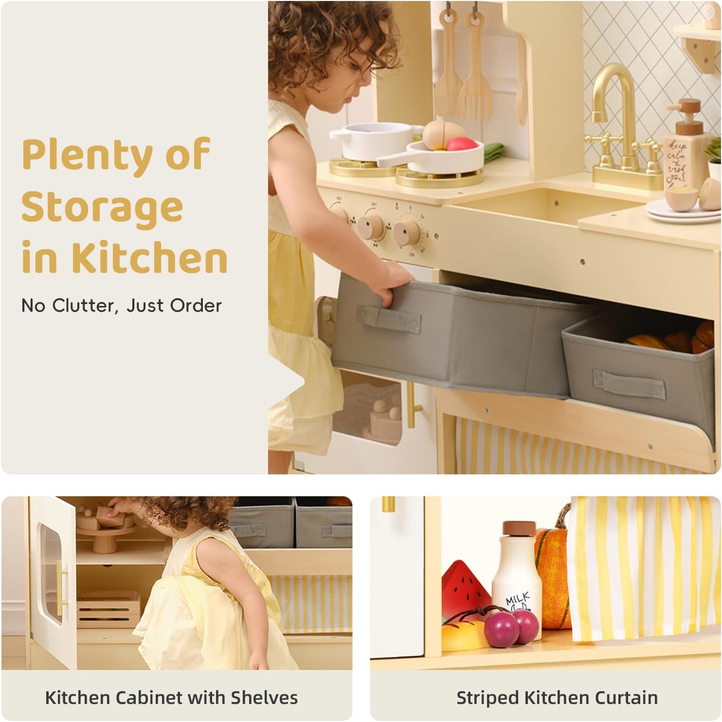 Image showing a child interacting with the storage compartments of the play kitchen, including shelves and felt boxes.