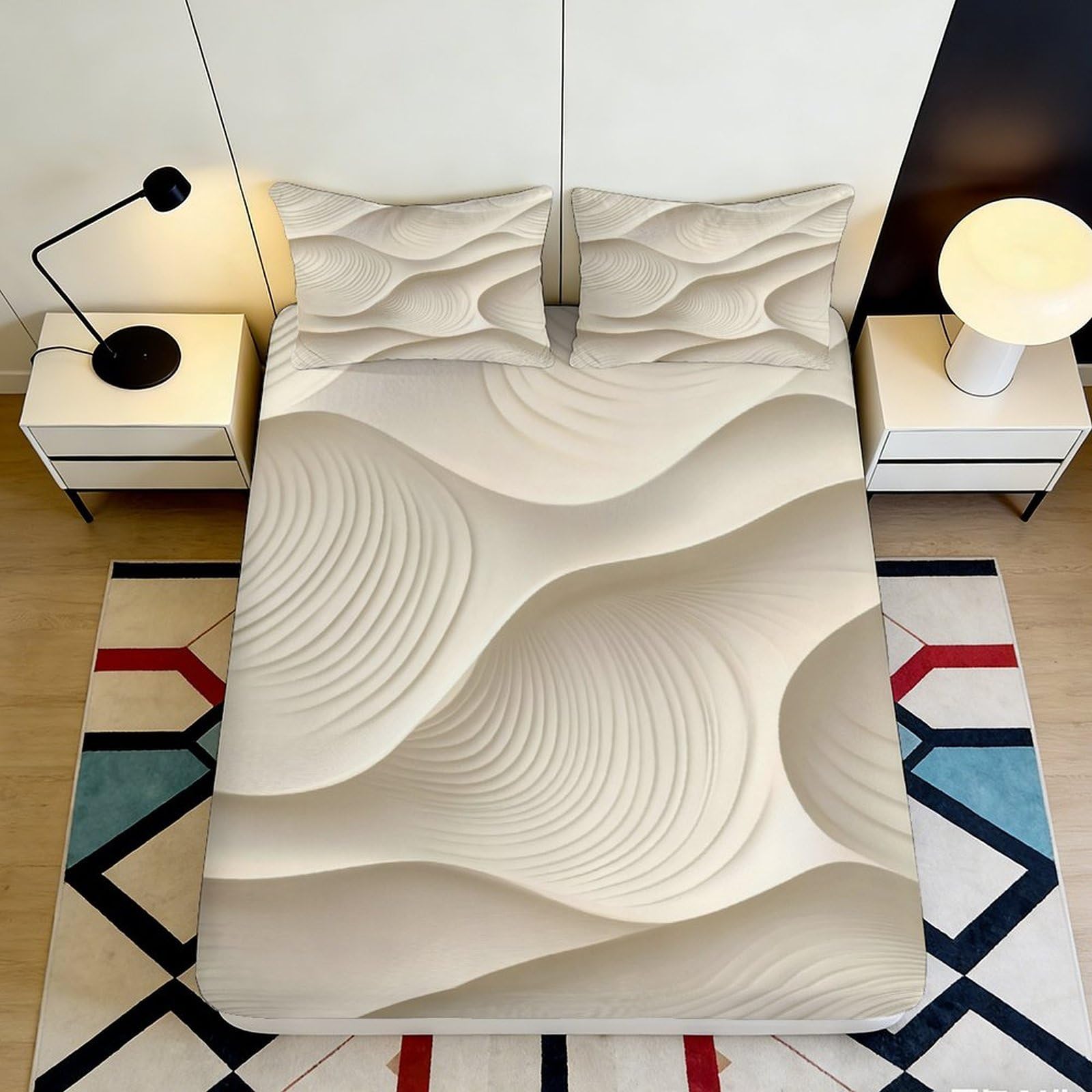 Pnayamiorkfel Style-3 3D Printed Sand Wave Fitted Sheet Microfiber Beige Art Swirl Mattress Cover Bedroom Dorm Decor Easy Care 90X200x25cm