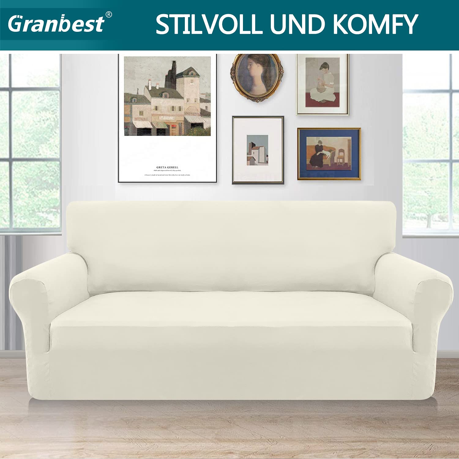 Granbest Strecken Sofabezug 3 Sitzer Superweich Elasthan Sofaüberwurf für Hunde Haustier Couchbezug Möbelschutz mit Elastischen Boden (3 Sitzer, Creme)