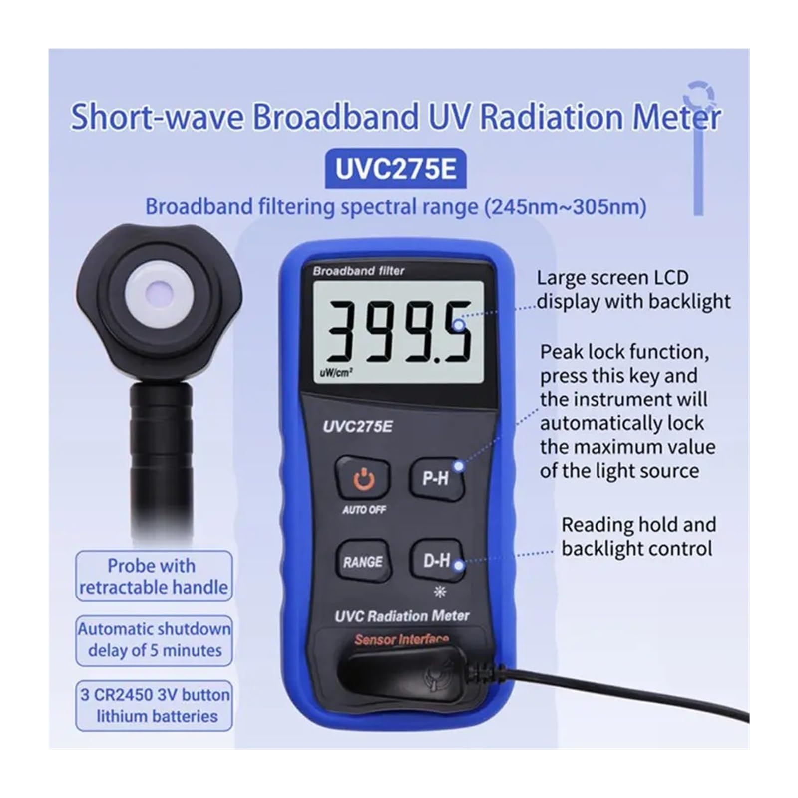 Belichtungsmesser, Strahlungsmessgerät, Breitbandfilter, Wellenlänge 245 nm – 305, kurzwelliger, breiter UV-Strahlungstester, Ultraviolett-LED-Lichtdetektor