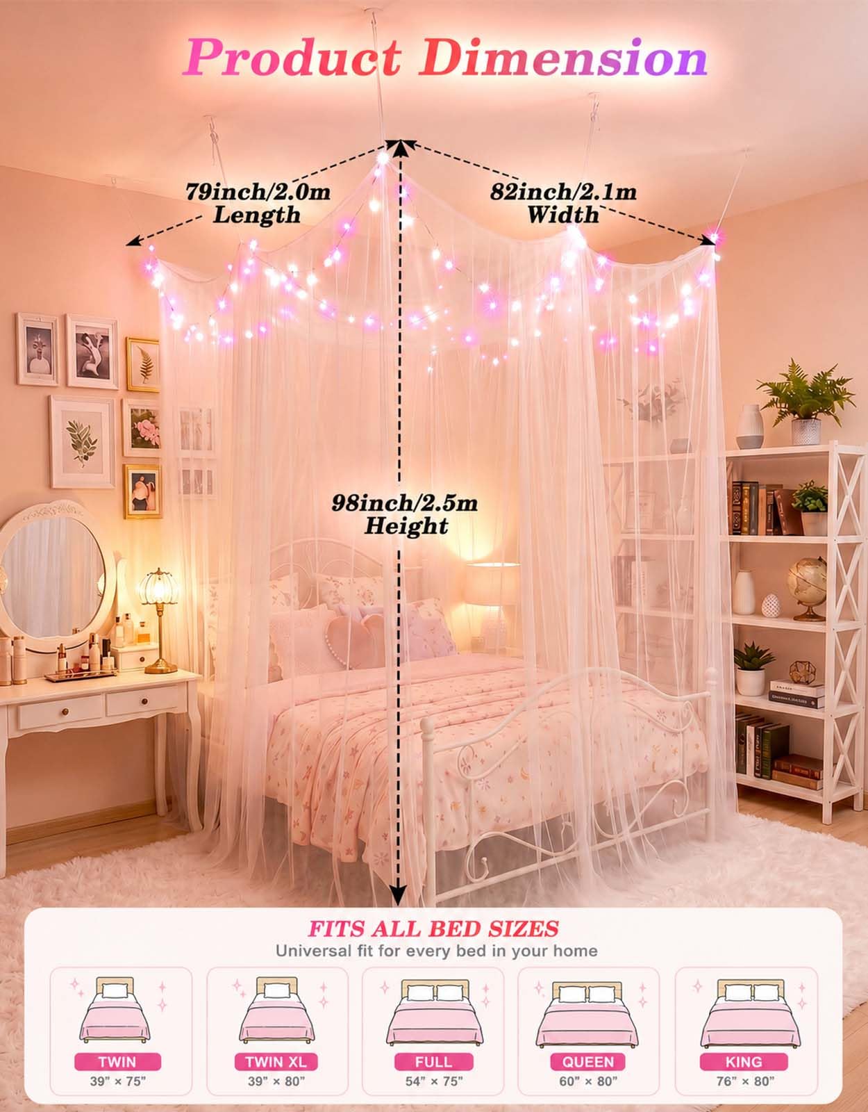 Betthimmel mit RGB-Lichterkette für Queen-Size-Bett, Doppelbett, 8 Ecken, weißer Baldachin, Bettvorhänge, Moskitonetz mit Lichtern, Fernbedienung, Timer für Kinder, Erwachsene, Innenbereich