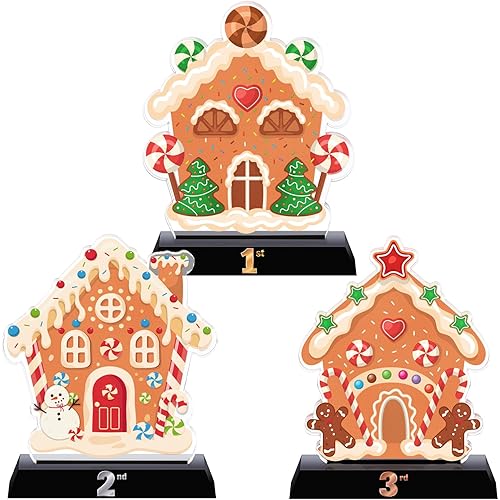 3 Pcs Christmas Gingerbread House and Man Contest Trophy 5.3 Inch Acrylic 1st 2nd 3rd Funny Trophies Decorating Kit Party Awards for Holiday Christmas Decorations