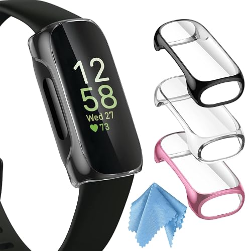 FINTIE 3 Pack Case Compatible with Fitbit Inspire 3 2 HR, Flexible Soft Full-Around watch Screen Protector TPU Case Cover Bumper Shell, Black/Clear/Rose Pink