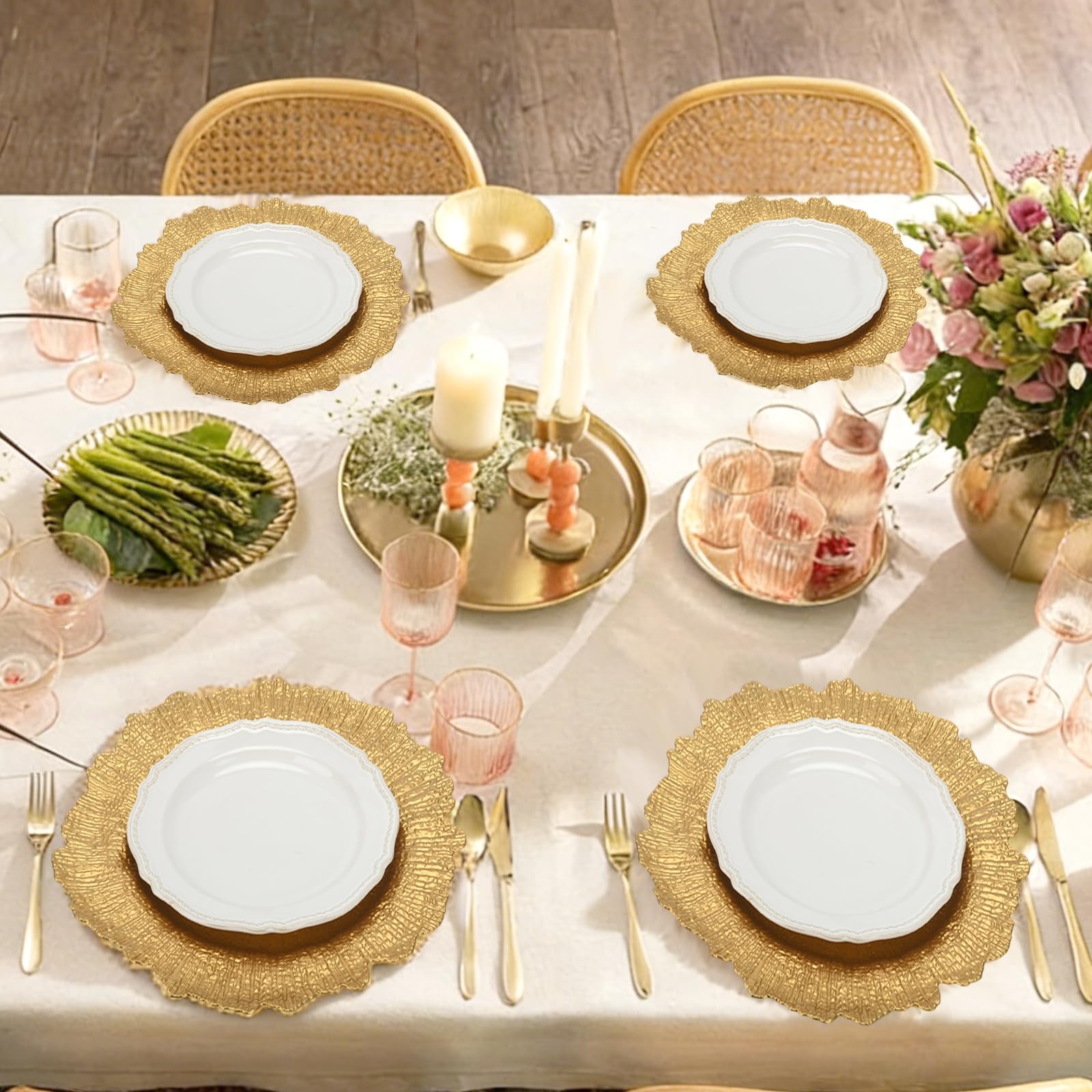 Lot de 12 assiettes de présentation dorées de 33 cm, motif récif rond, en plastique, pour assiettes plates, décoration de mariage, décoration de table (irrégulière)