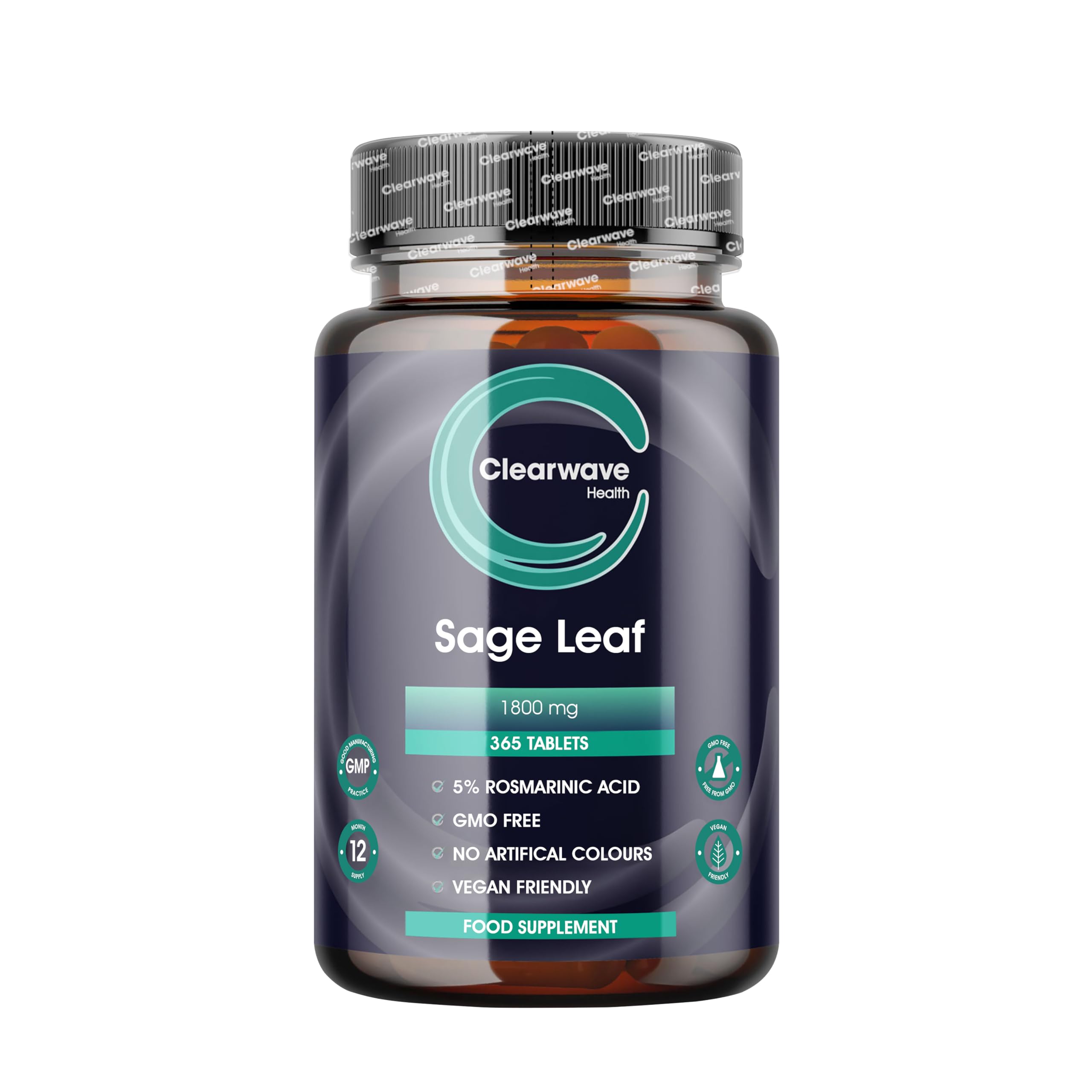 Sage Tablets - 365 Pack - 1 Year Supply - 1800mg High Strength Sage Leaf Tablets - Menopause Support - Vegan - Clearwave Health