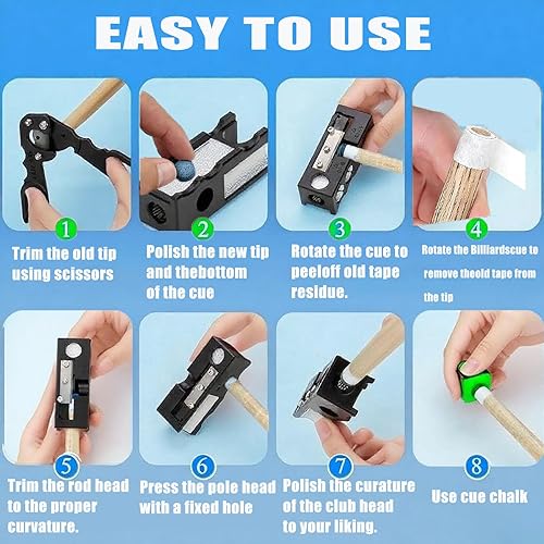 Miniatura 5 de Moldeador de puntas de taco de billar 11 en 1, kit de repuesto y reparación de 14 puntas de taco de piscina, accesorios de mesa de billar para