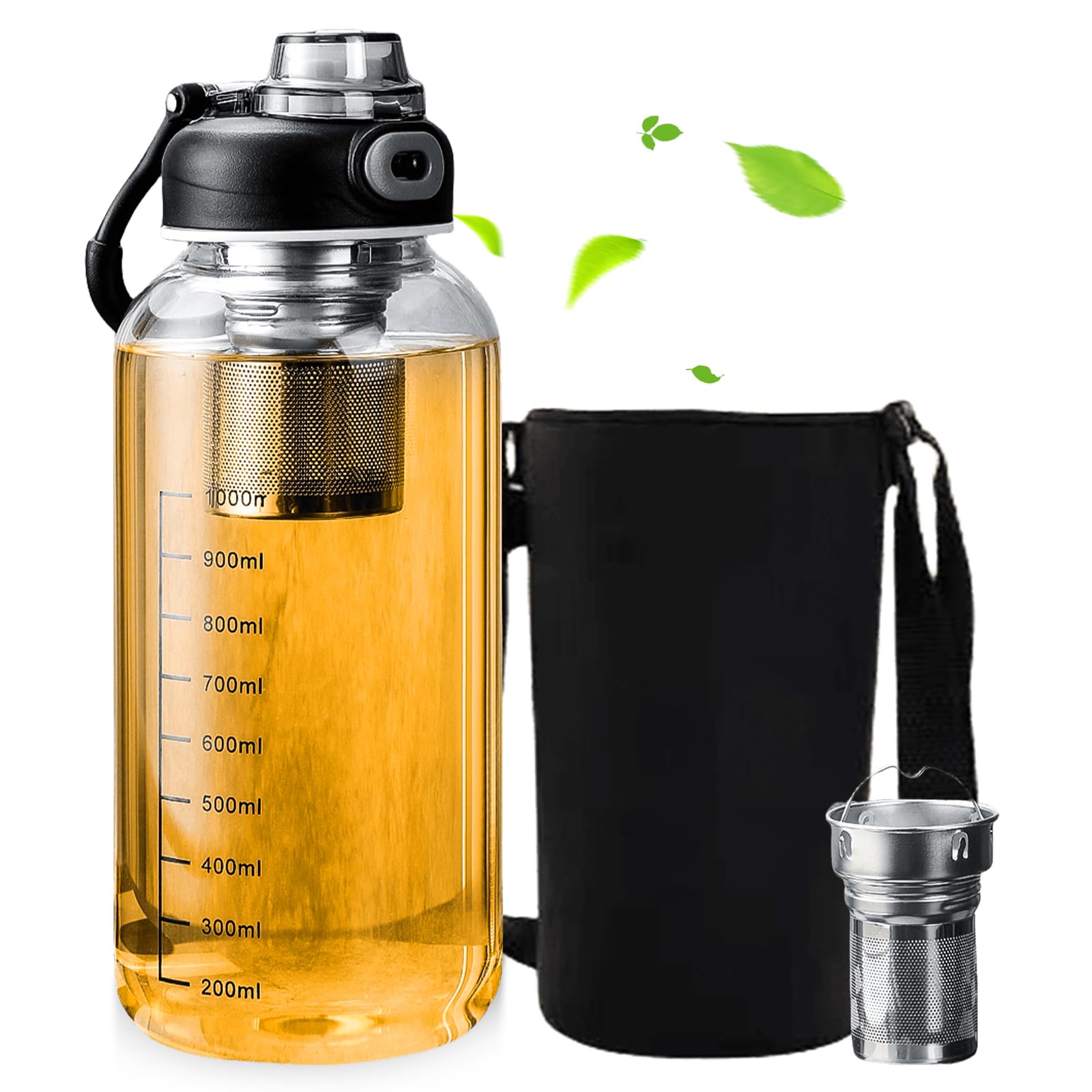 Szklana butelka na napoje, 1 l, szklana butelka 1000 ml, ze szkła borokrzemowego, z sitkiem do herbaty i tulejką na kubek, szczelna, wielokrotnego użytku, do uprawiania sportu, fitnessu, biura, na