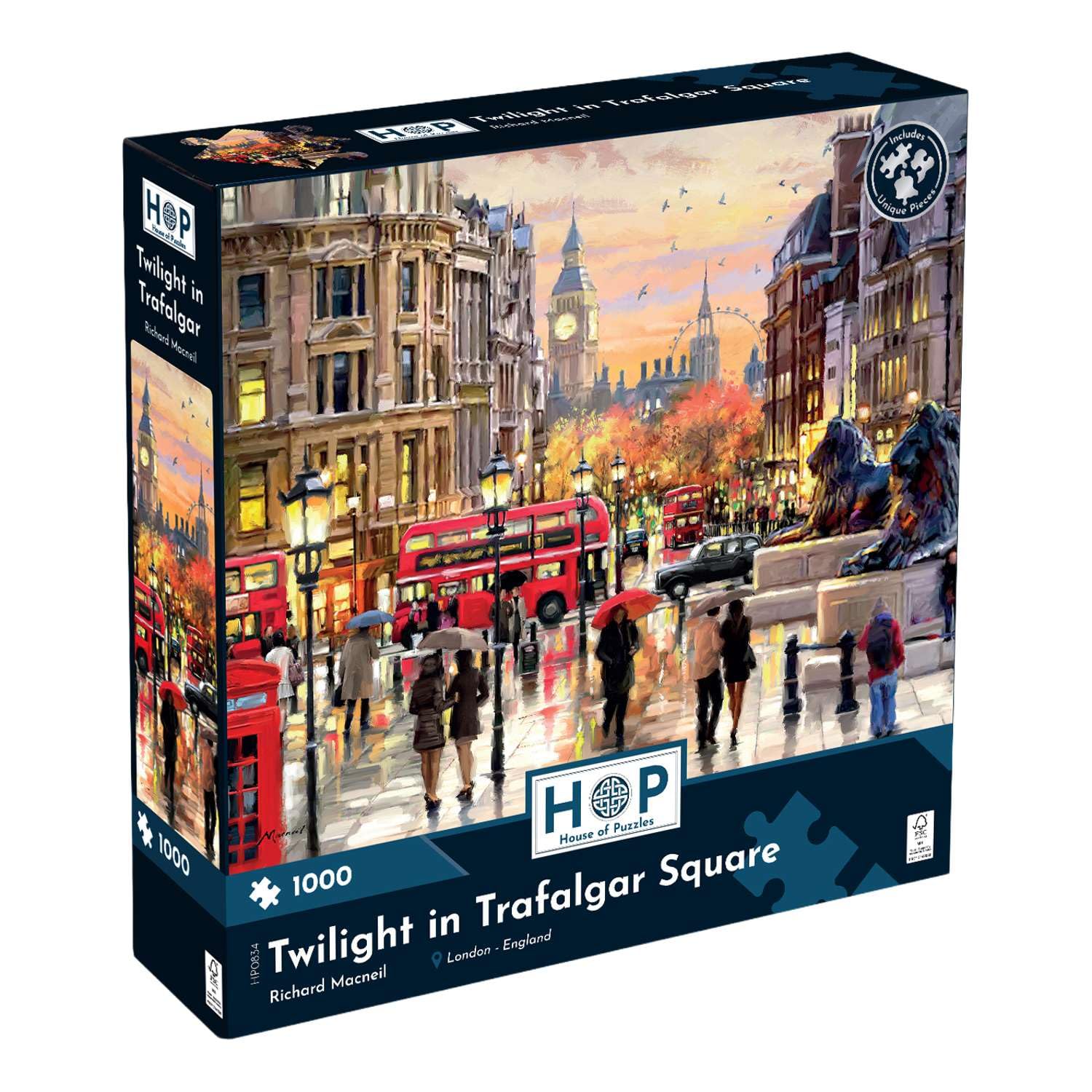 The House of Puzzles Twilight in Trafalgar Square 1000 Piece Puzzle | London Landmarks Jigsaw for Adults | City Themed Jigsaws with Red Bus & Lion Statue Art by Richard Macneil | Gifts for Puzzlers โ image 1