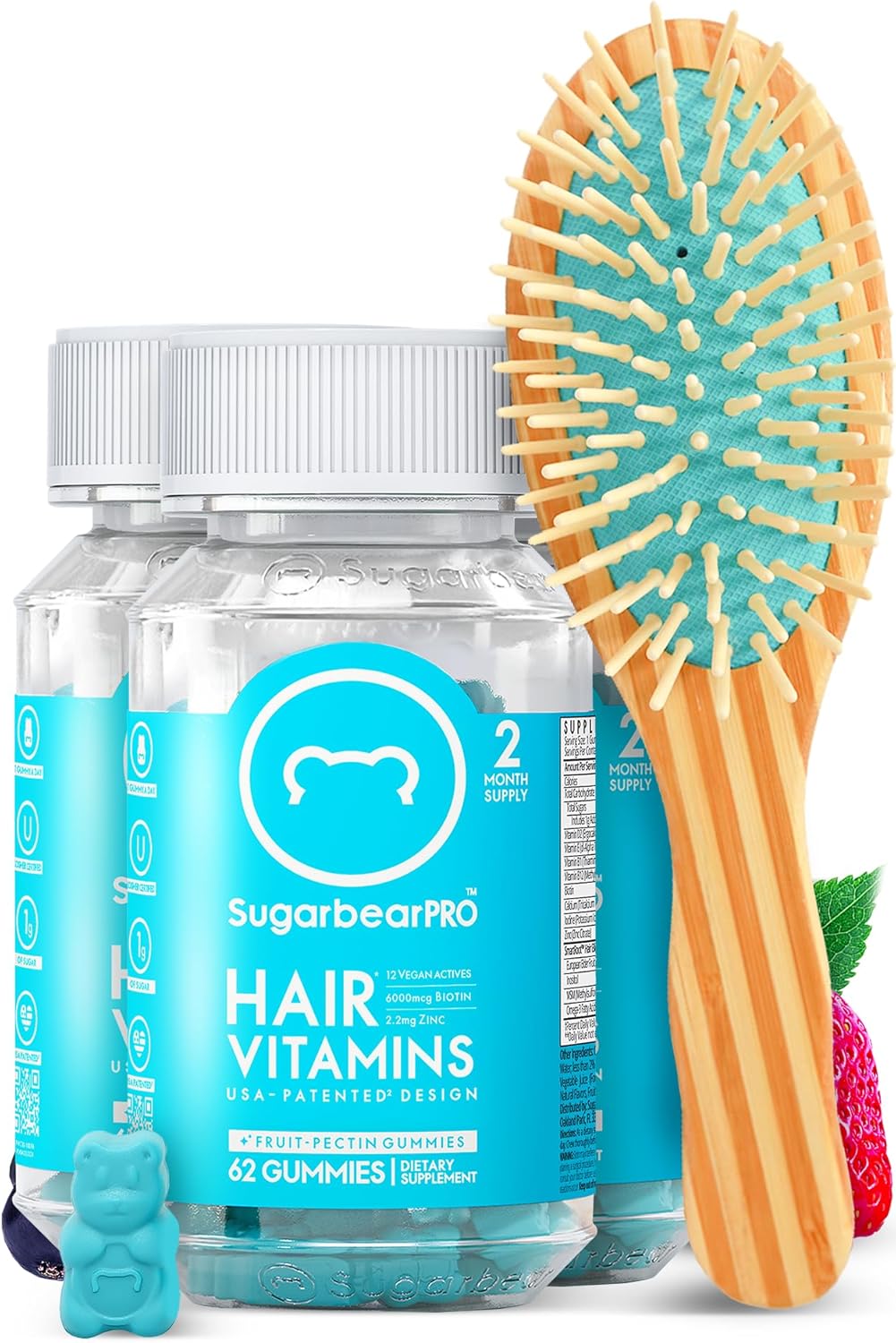Sugarbear Gentle Detangling Bamboo Hair Brush + Vegan Hair Vitamin Gummies 6 Month Supply, Extra Strength Biotin 6000mcg for Supporting Healthy Straight, Wavy, Curly & Kinky Hair