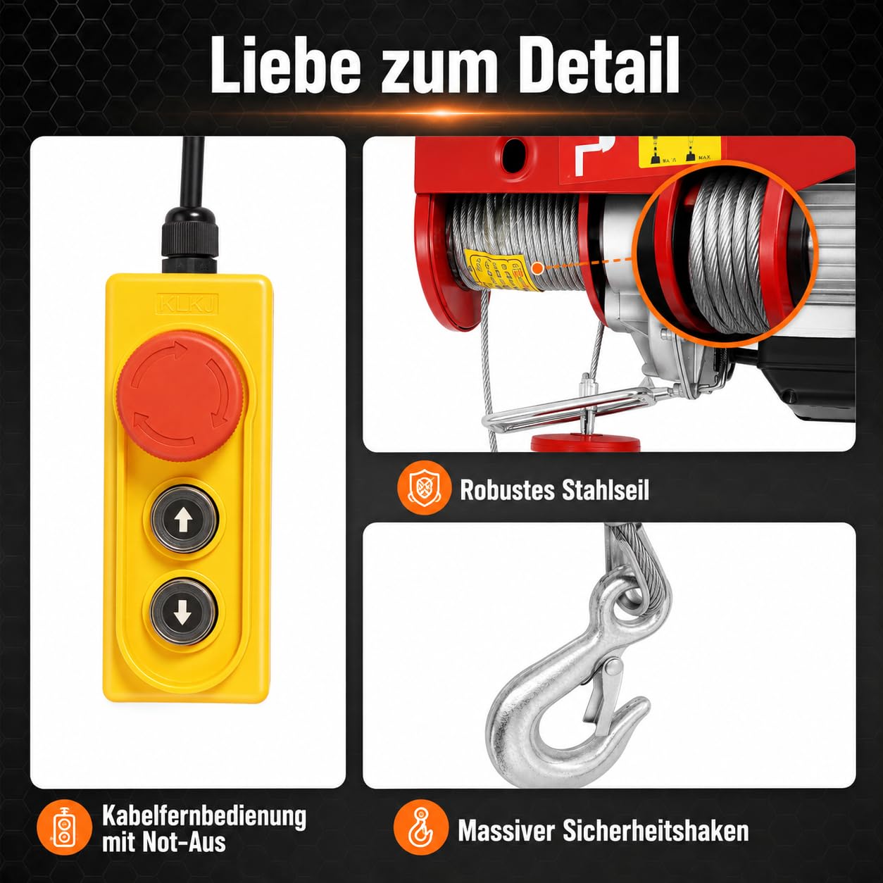 Elektrische Seilwinde 230V 800 kg Hubkraft 10 m Hubhöhe 1350-1450 W Motor mit Fernbedienung