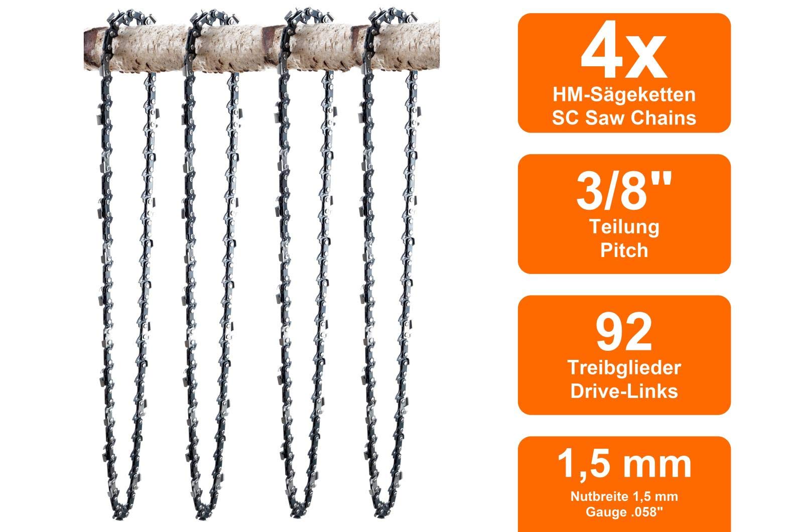 4 Chaînes adapté pour Husqvarna 572XP | 70cm 3/8 92M 1,5mm