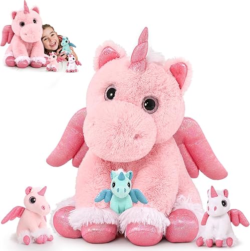 MorisMos - Peluche de unicornio rosa con bebés, 18 pulgadas, grande, 4 piezas de juguetes de peluche de unicornio para niñas, para baby shower,
