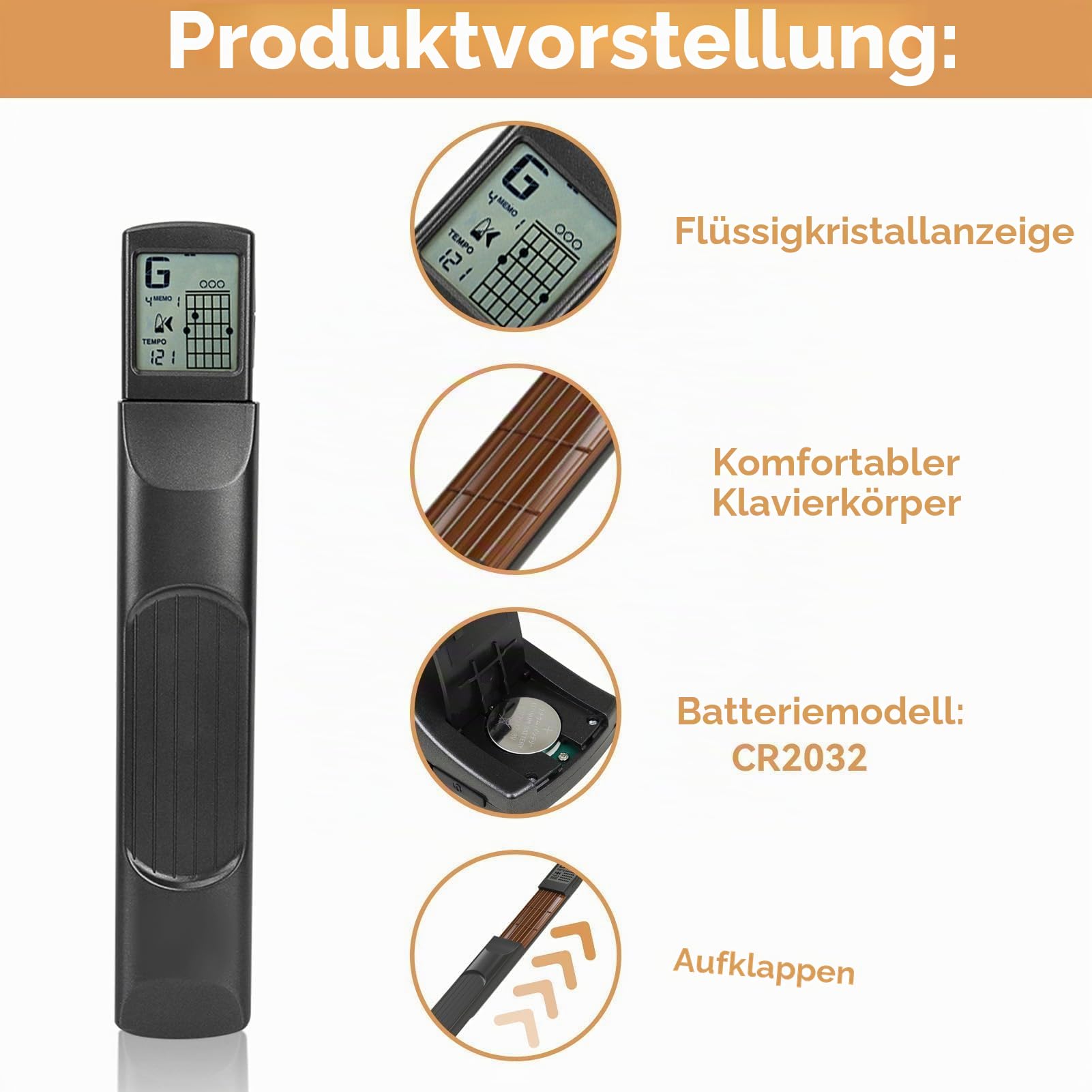 Taschengitarren Übungshals, 29x5x4cm/11,4x2x1,6 Zoll Mini 6-Bund Gitarren Übungswerkzeug Tragbares Akkordtrainer mit drehbarem Chart-Bildschirm Gitarren Akkord Trainer Hals Akkord Tool für Anfänger