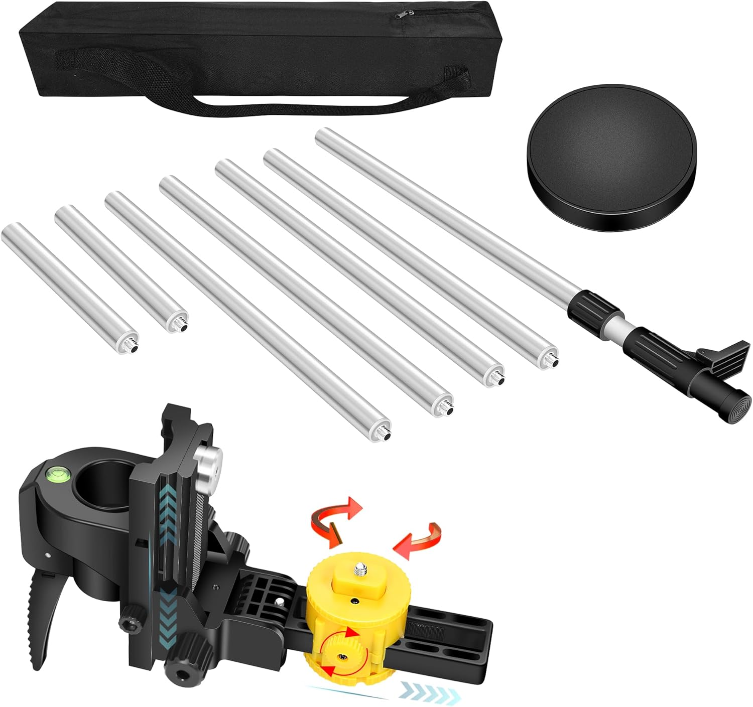 4.2m/13.77ft Multi-Function Laser Level Pole with 1/4" & 5/8" Threads - Upgraded Universal Mount for 360° Rotation & Front-Back Adjustment