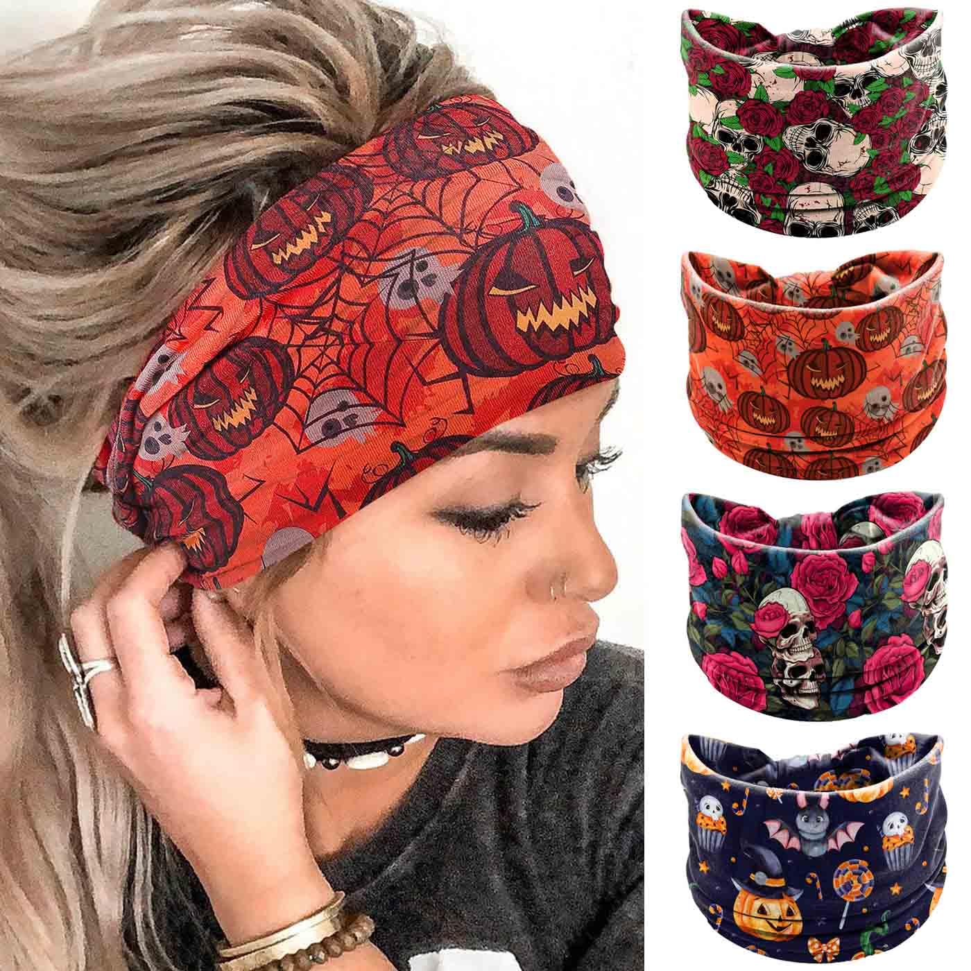 Halloween Headbands Bulk 24 Pack Wide Knotted Turban Ghost Pumpkin Accessories 4 Pack Halloween Headbands Women Pumpkin Headband Wide  main image 2