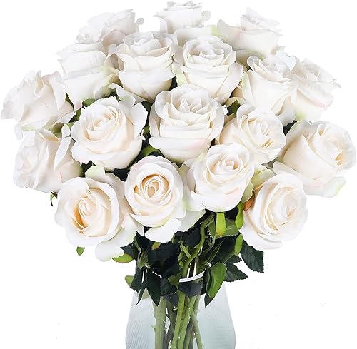Luyue Paquete de 10 rosas artificiales de seda con tallos largos, ramos florales para novia, boda, hogar, oficina, color blanco marfil