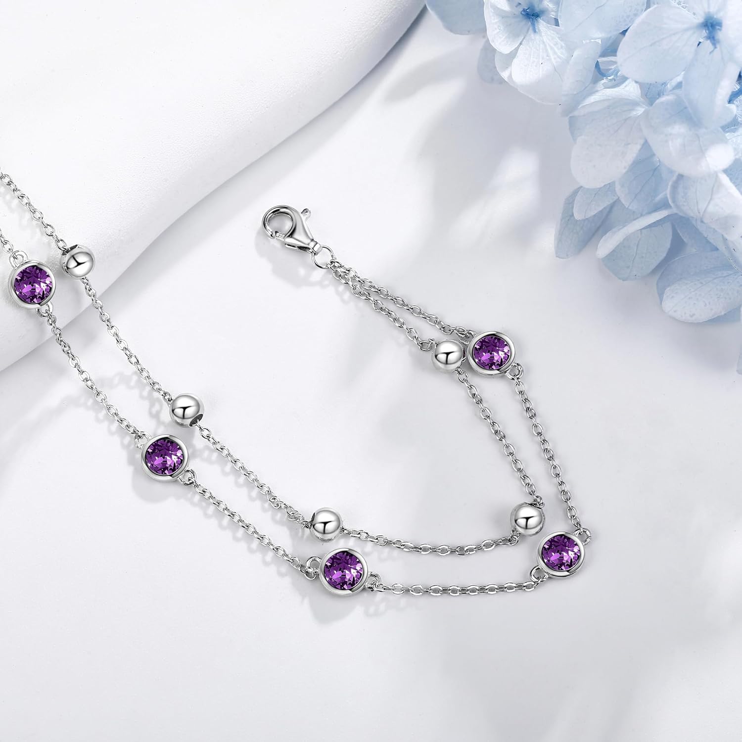 POPLYKE S925 Sterling Silver Crystal Tanzanite Purple Anklet Layered Chain Ankle Bracelet for Women Jan. Birthstone Anklet Summer Beach Jewelry - Image 4