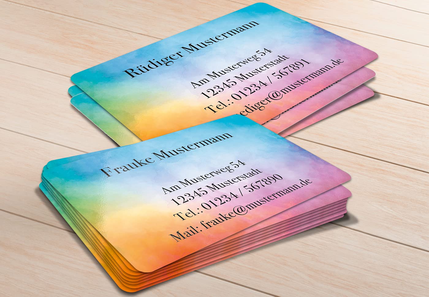 100 Visitenkarten, laminiert, beidseitig bedruckt, 85 x 55 mm, inkl. Kartenspender - Design Farbverlauf