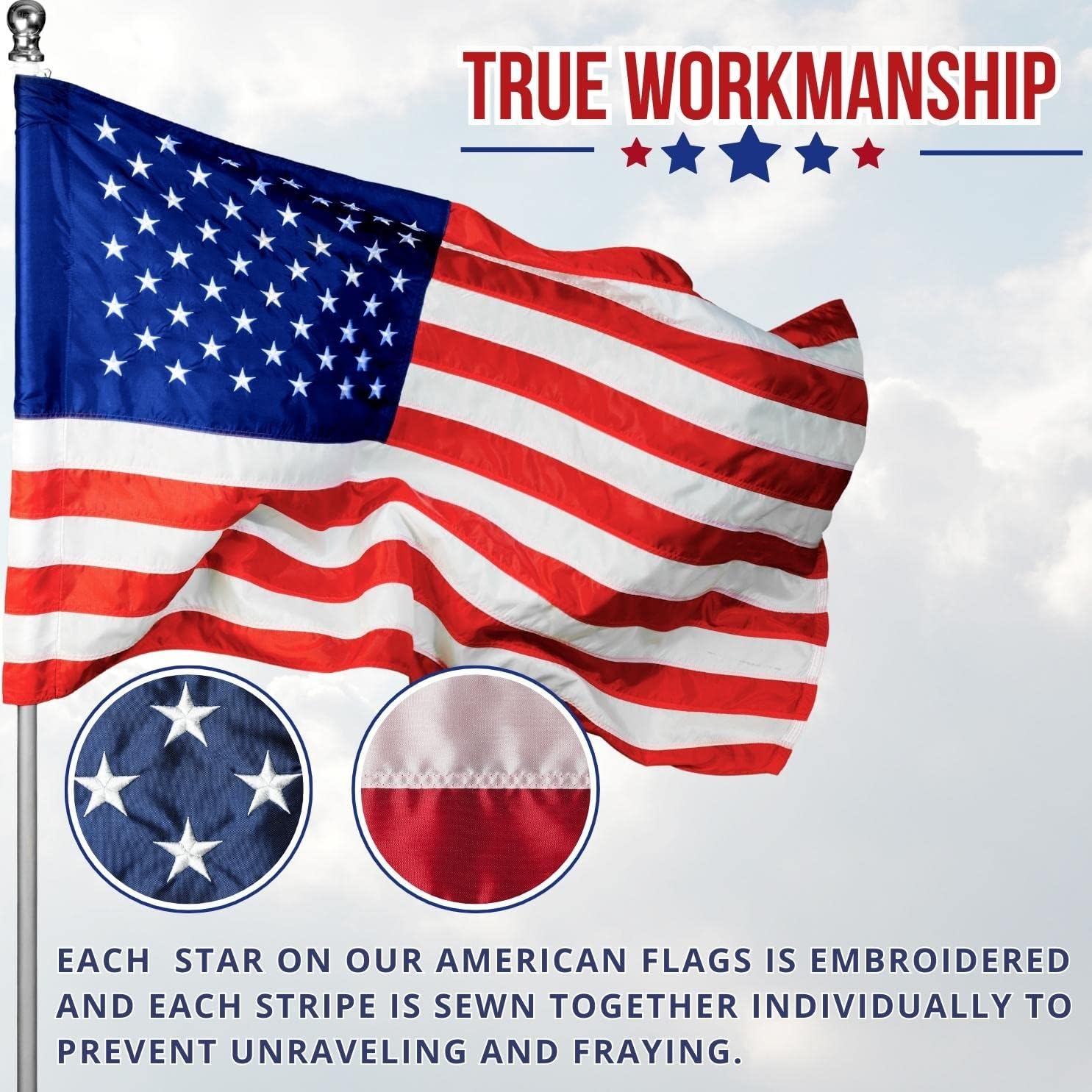 American Flag - Heavy-Duty US Flag - Embroidered Stars - Nylon USA Flag Built for Outdoors - Sewn Stripes - UV Protection - Brass Grommets (4x6 ft) - Image 4