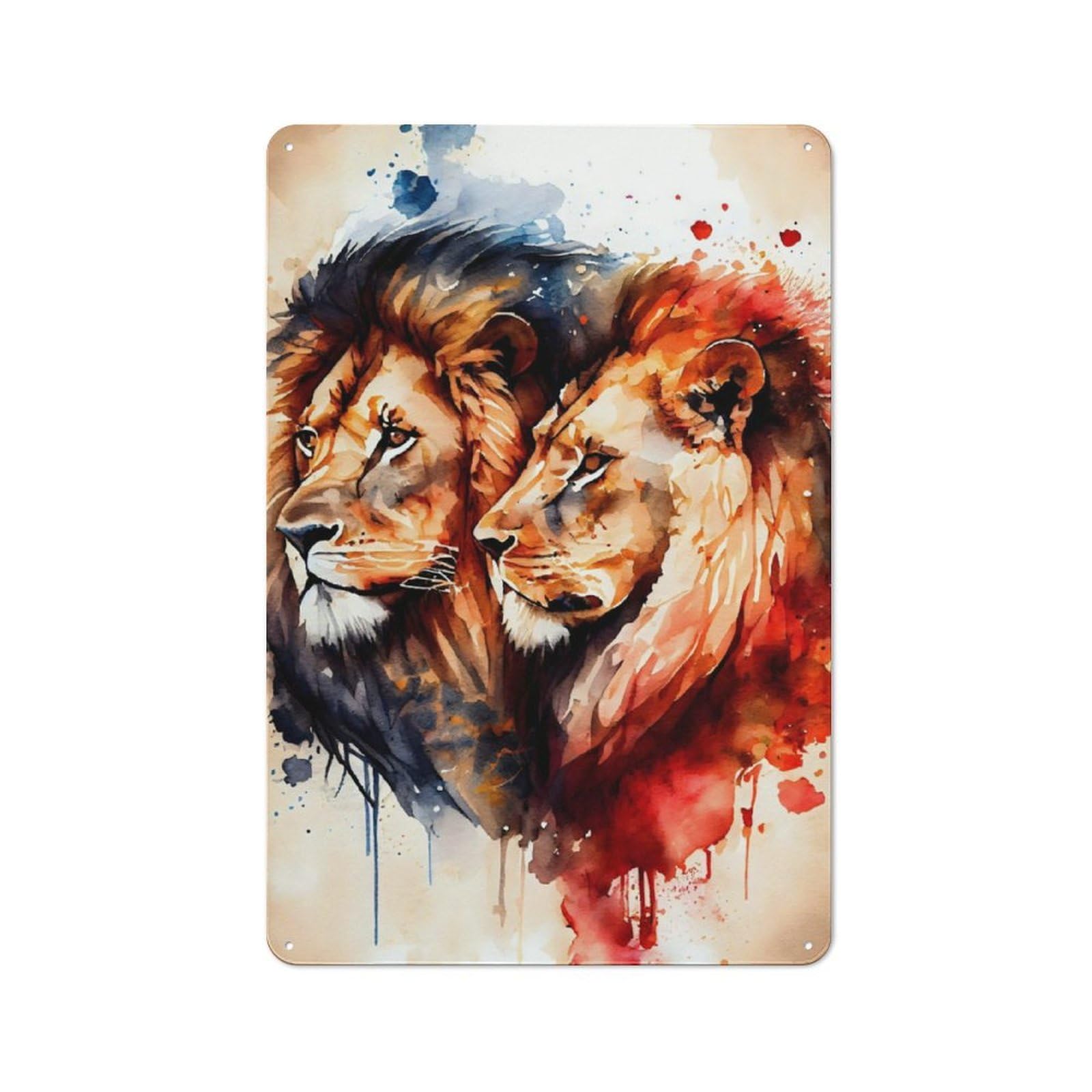 Lions Couple Watercolor Retro Printed Metal Sign 30x20cm for Garage Or Workshop, for Garage, Workshop And Man Cave Decoration