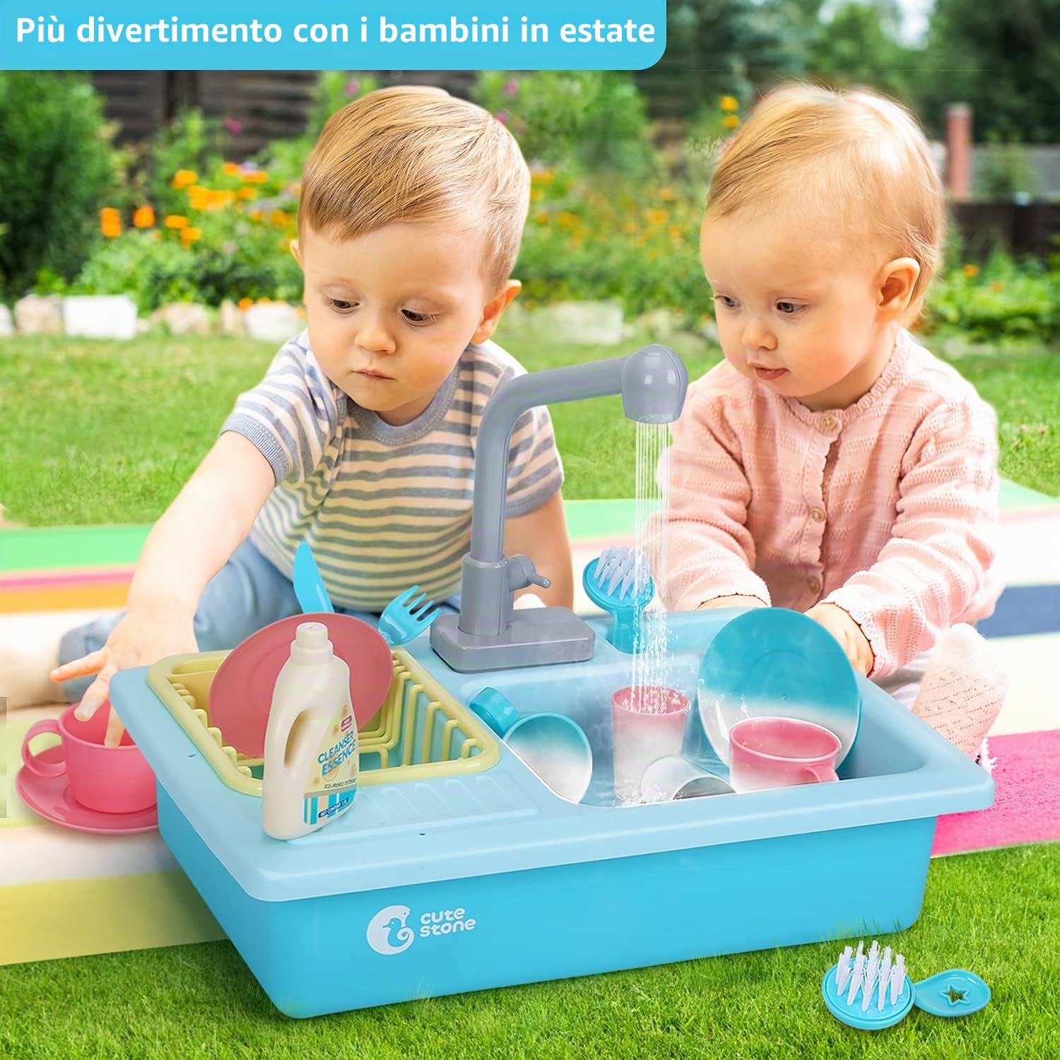 cute stone- Giocattolo - Set lavello da cucina con rubinetto dell'acqua calda che cambia colore, detersivo per i piatti, riciclo dell'acqua - per bambini dai 3 anni in su - Blu