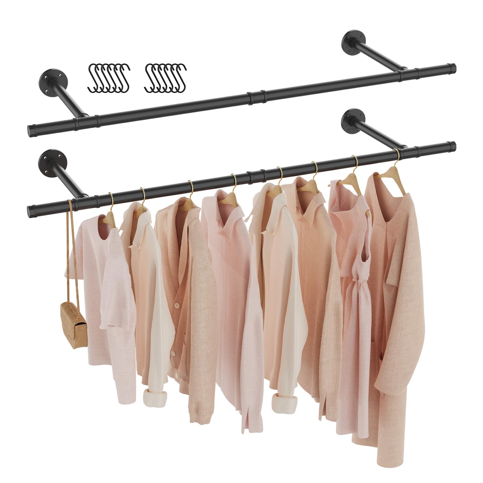 GUOHNHE 121cm Wall Mounted Clothing Rack, Hanging Rail, Black, 2 Pack