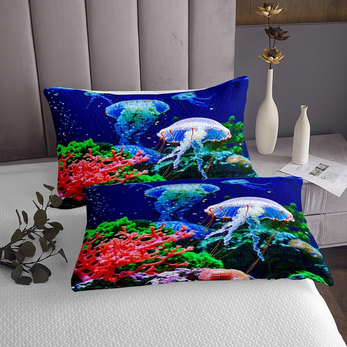 Erosebridal Blue Jellyfish Bedspread for Youth Lady,Sealife Underwater World Bedding Set,Ocean Fish Coverlet Set,Under Sea Colorful Coral Reef Quilt Set Tropical Hawaii Beach Bedroom Decor King Size