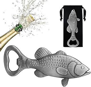 LKKCHER Bass Beer Bottle Opener, Fishing Gifts for Fisherman, Bass fish Decoration, Birthday Fathers Day Christmas Gifts for Men Women Dad Fisherman, Silver beer accessories with Bag