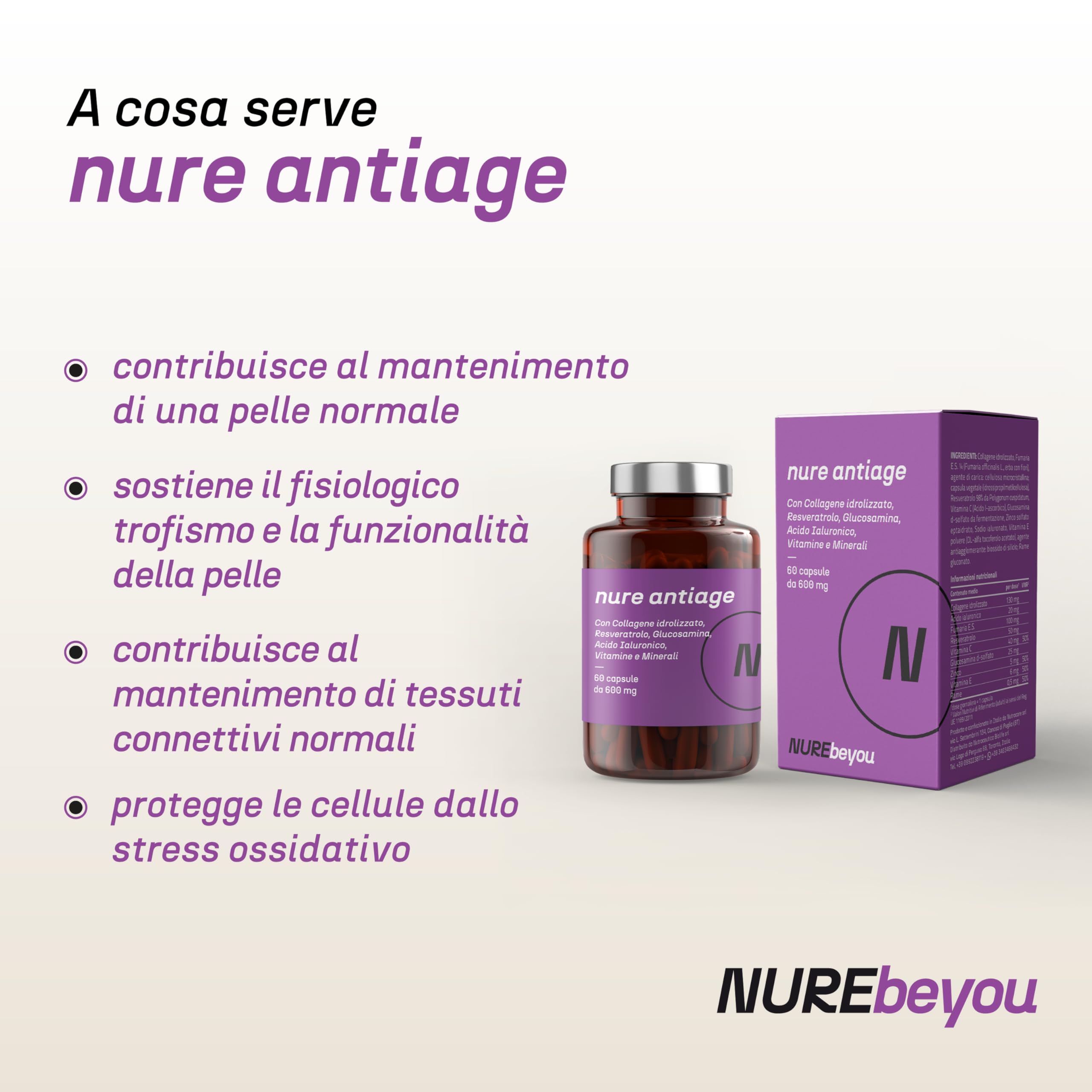 NURE Antiage 60cps | Integratore Anti-invecchiamento, integratore collagene, acido ialuronico viso, collagene idrolizzato | Acido ialuronico