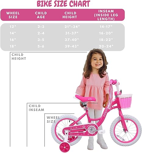 Miniatura 8 de Bicicleta para niñas de 2 a 3 años con ruedas de entrenamiento, canasta, serpentinas, bicicleta de pedal rosa, regalo de cumpleaños, 12, 14, 16