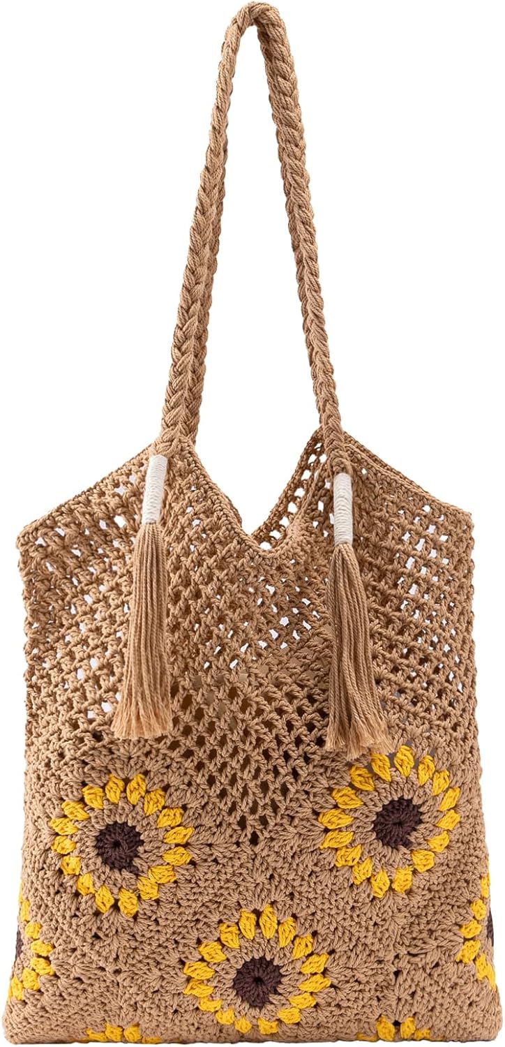 Crochet Beach Bag for Women: Handmade Sunflower Tote with Boho Fringe, 2026 Summer Vacation Shoulder Purse | Work, Woven, Soft, Vintage, Gift for Women