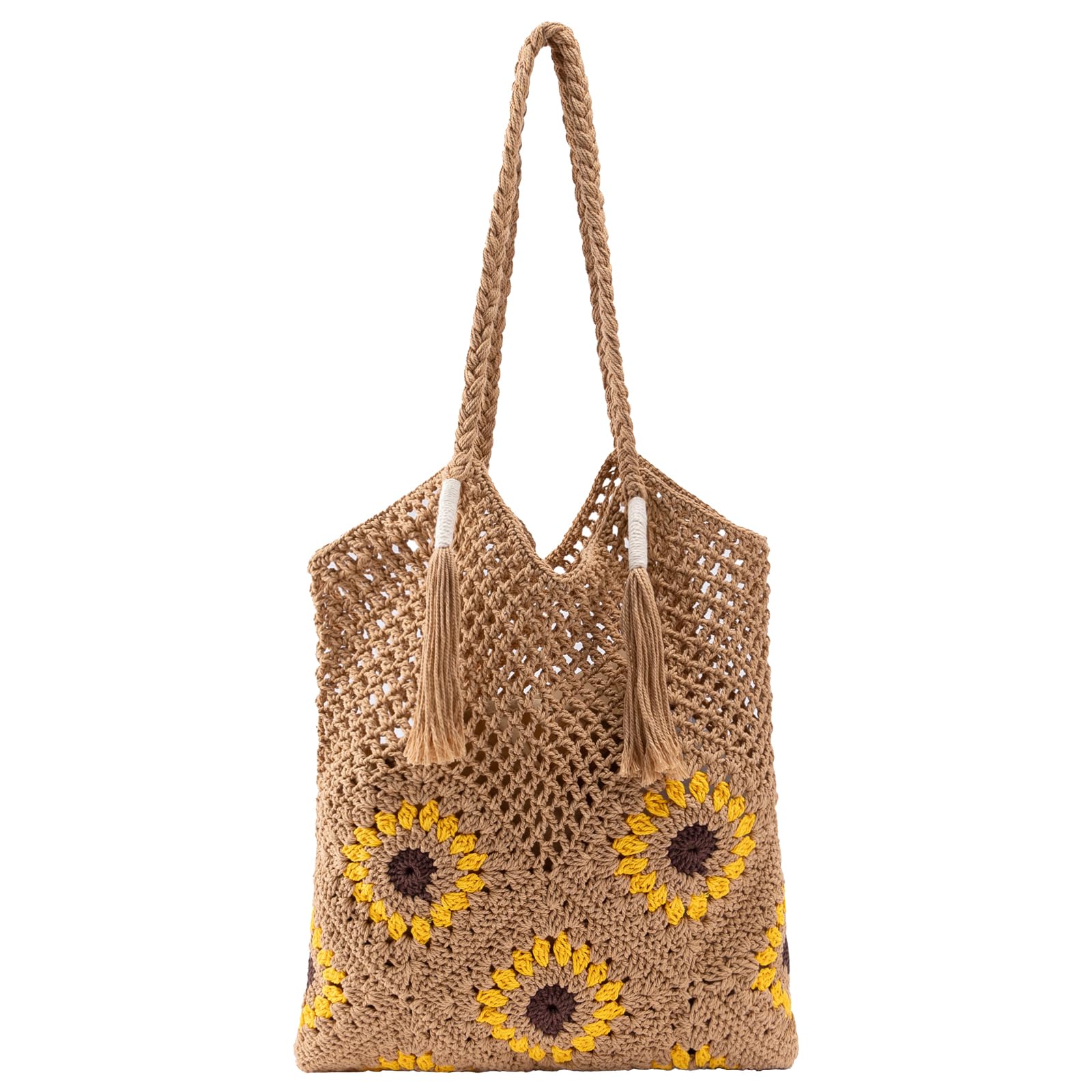 iSamzan Handmade Crochet Beach Bag for Women Boho Fringe | Soft Cotton Sunflower Tote, 13.6x15.7in, Removable Pouch, 2026 Summer Shoulder Purse for Vacation, Beach, Daily
