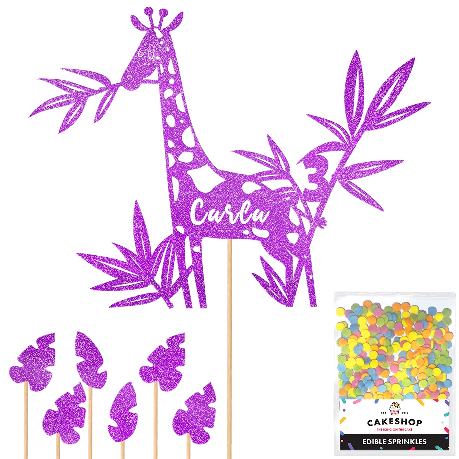Personalised Birthday Jungle Giraffe Glitter Cake Topper- Purple Any Custom Age & Name Glitter Cake Decoration and Sprinkles - Happy Birthday Decorations - Personalised Toppers for Cakes by Cakeshop — image 1