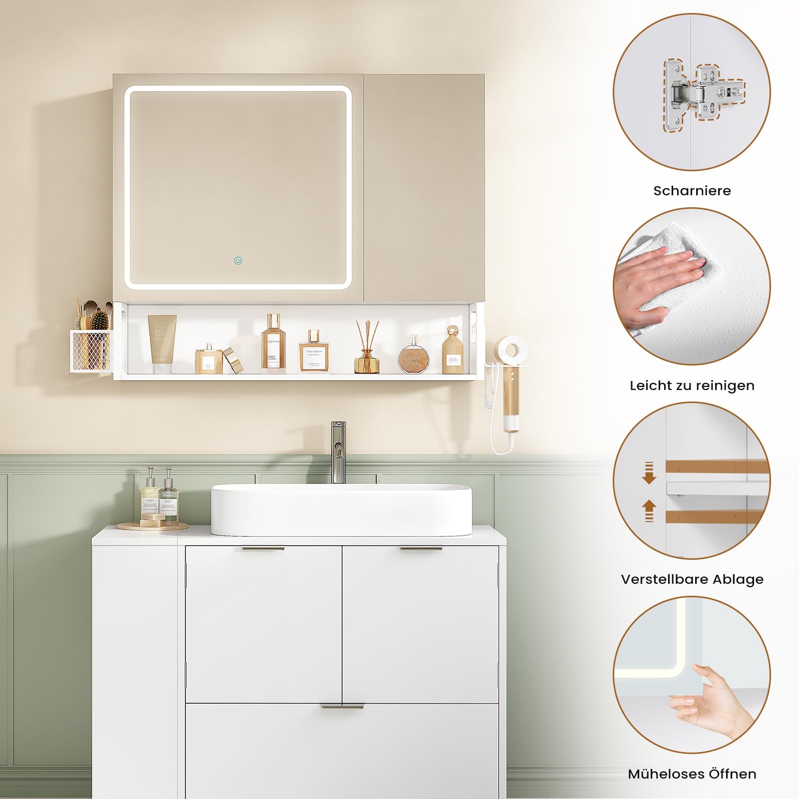 FORABMAB Armoire Toilette Miroir avec éclairage LED et Prise, Meuble Salle de Bain avec Miroir HD, Étagère Réglable, Panier Suspendu,Support pour Sèche-Cheveux,Armoire Salle de Bain,16x70x80 cm,Blanc