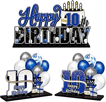 LINGTEER Happy 10th Birthday Blue Acrylic Table Topper Centerpieces Set - Cheers to Ten Years Old Birthday 10th Bday Party Gift Decorations.