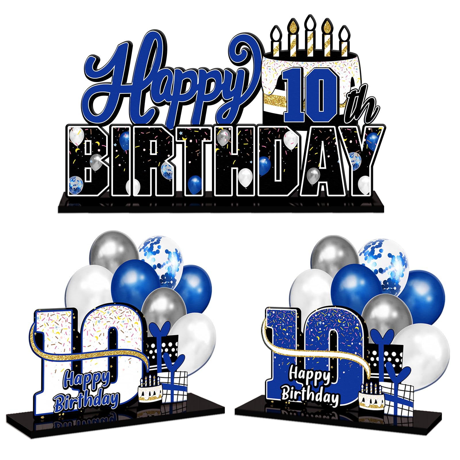 LINGTEER Happy 10th Birthday Blue Acrylic Table Topper Centerpieces Set - Cheers to Ten Years Old Birthday 10th Bday Party Gift Decorations.