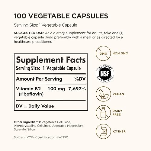 Miniatura 2 de Solgar Vitamina B2 Riboflavina 100 mg 100 cápsulas vegetales - Metabolismo energético sistema nervioso saludable - Sin OMG vegano sin gluten sin