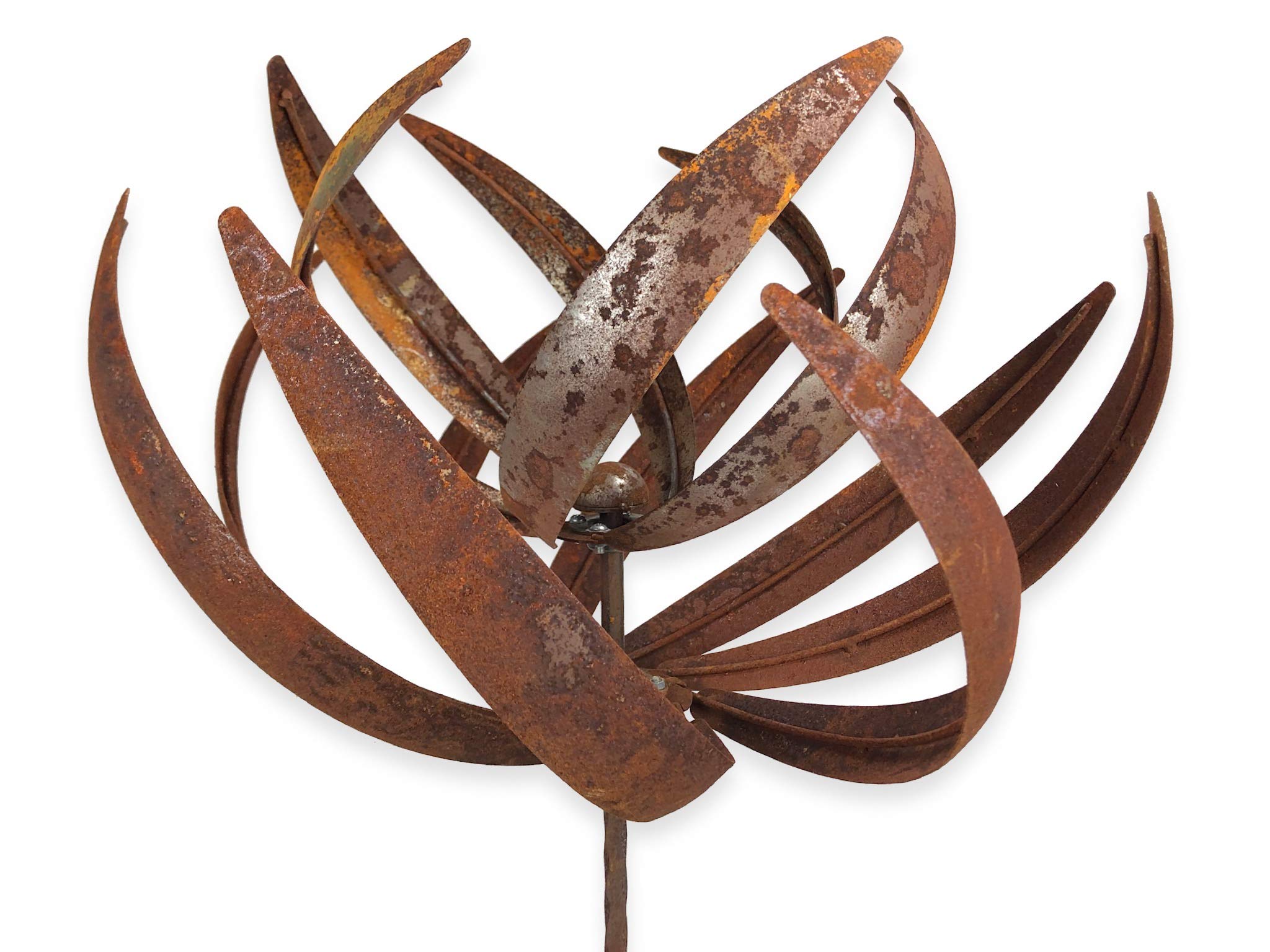 Metall Windrad 'Lotus' - massives Windspiel Windmühle für den Garten - wetterfest und standfest - mit besten Kugellagern - aus Vollmetall mit Edelrost-Patina – Höhe 221 cm