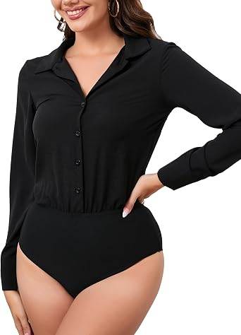 Long Sleeve Blouse Bodysuit for Women Silk Button Down Shirt Collared Body Suit Black,XL
