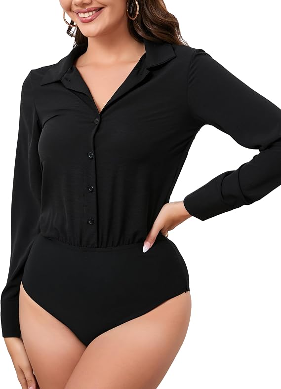 Long Sleeve Blouse Bodysuit for Women Silk Button Down Shirt Collared Body Suit Black,XL